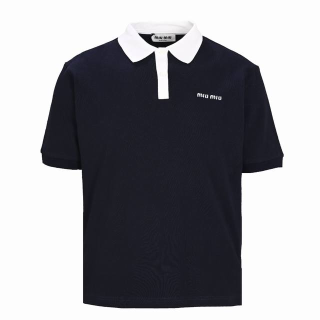Miu Miu缪缪Mm 撞色白领刺绣短袖Polo衫正品7774购入开发，50支双股料疏棉珠地布210克，撞色扁机罗纹，进口刺绣，面料酵洗，定制辅料，宽松版型Si