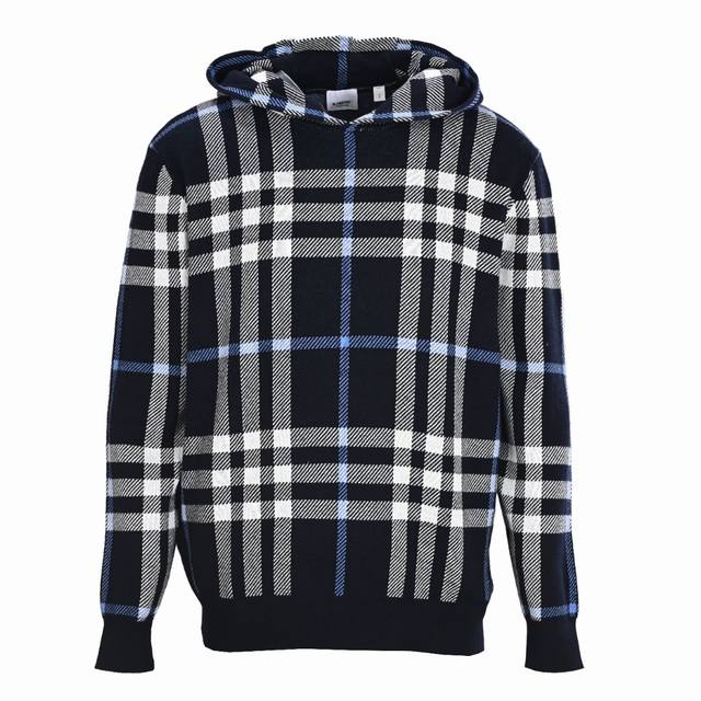 Burberry巴宝莉Bbr 蓝色大格子针织连帽衫原版10000购入，原版100%棉， 三个颜色定染纱线，14针进口电脑织机，整件衣服有13个布片拼接而成。袖子