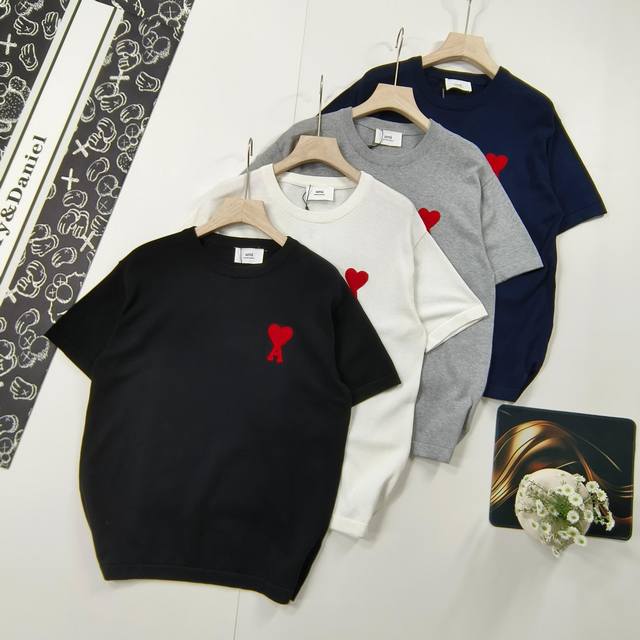 尺码S-Xl针织衫2025夏季新品Ami 艾米经典中号爱心毛领秀款爱心针织短袖T恤 新升级两头折手工主麦 还原柜台 340G顶级棉纱 百分百纯棉 手感极好 面料