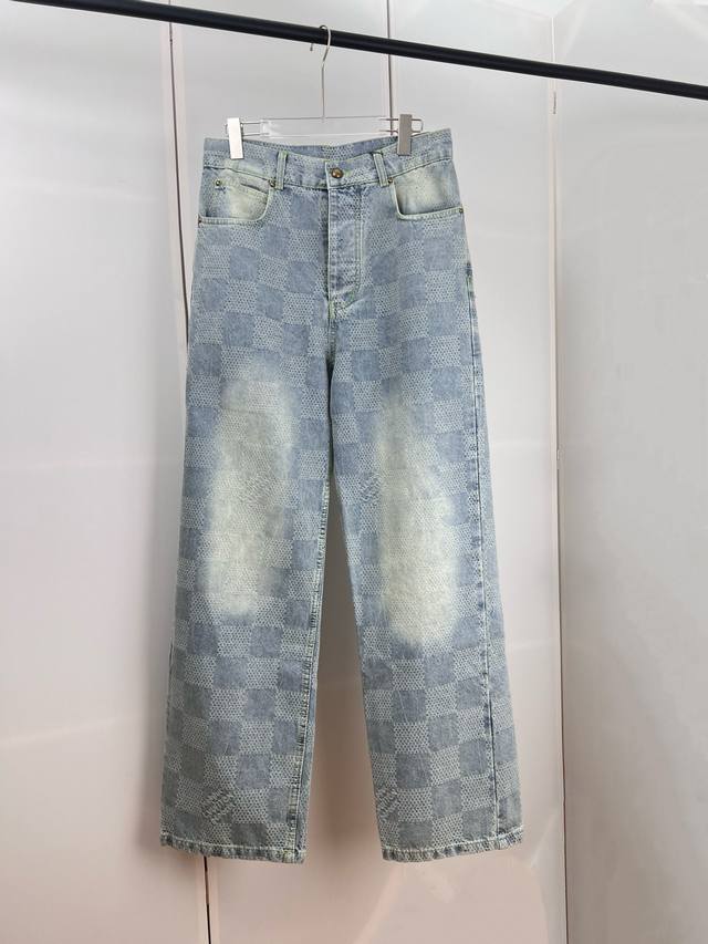 1V路易棋盘格子直筒牛仔长裤S M L Xl