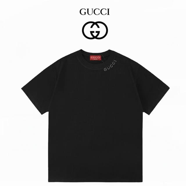 Gucci古驰官网新款领口烫钻重磅300克双纱短袖：黑色：Xs-L