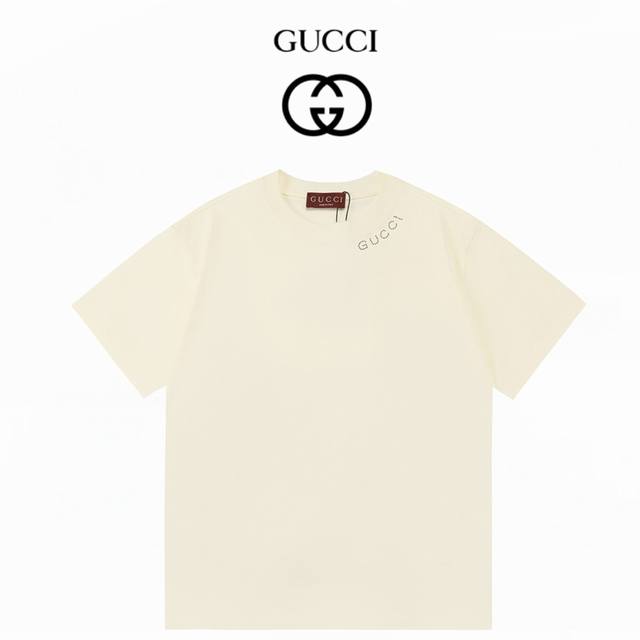 Gucci古驰官网新款领口烫钻重磅300克双纱短袖：杏色：Xs-L