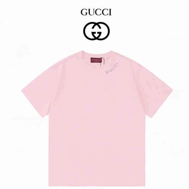 Gucci古驰官网新款领口烫钻重磅300克双纱短袖：粉色：Xs-L