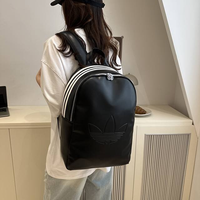 Adidas阿迪达斯三叶草 男女中型款简约百搭双肩包时尚潮流Pu皮质运动背包高中大学生书包电脑包 尺寸:43×31×13