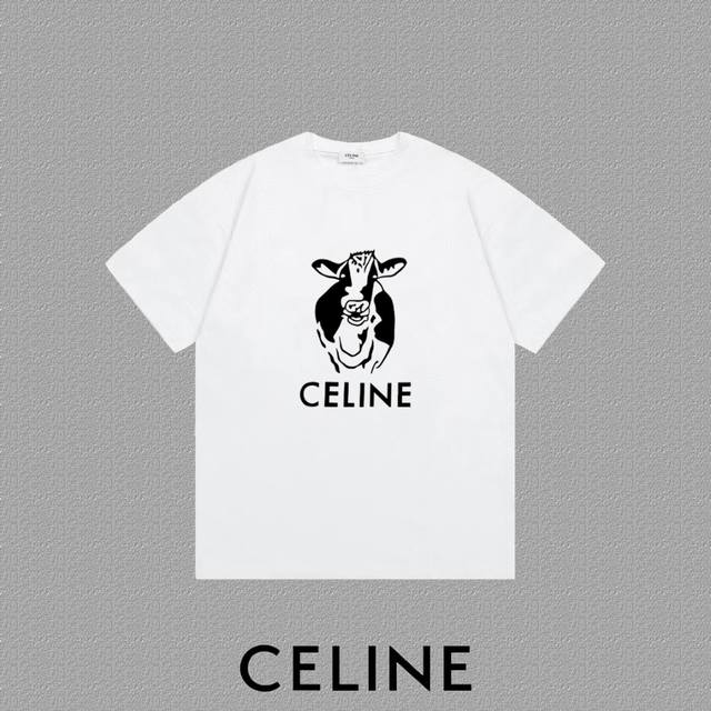 Celine 赛琳]2025Fw短袖T恤 植绒图案字母Logo 高端26S双纱300克面料重磅面料 定制拉架罗纹同缸同染 三标齐全 男女同款 颜色：黑色 白色尺