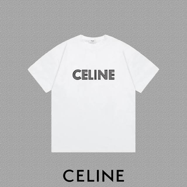 Celine 赛琳]2025Fw短袖T恤 植绒线条字母Logo 高端26S双纱300克面料重磅面料 定制拉架罗纹同缸同染 三标齐全 男女同款 颜色：黑色 白色尺