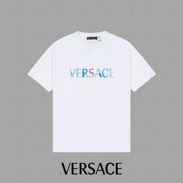 Versace 范思哲]2025Fw短袖T恤 炫彩字母Logo印花 高端226S双纱300克面料重磅面料 定制拉架罗纹同缸同染 三标齐全 男女同款 颜色：黑色