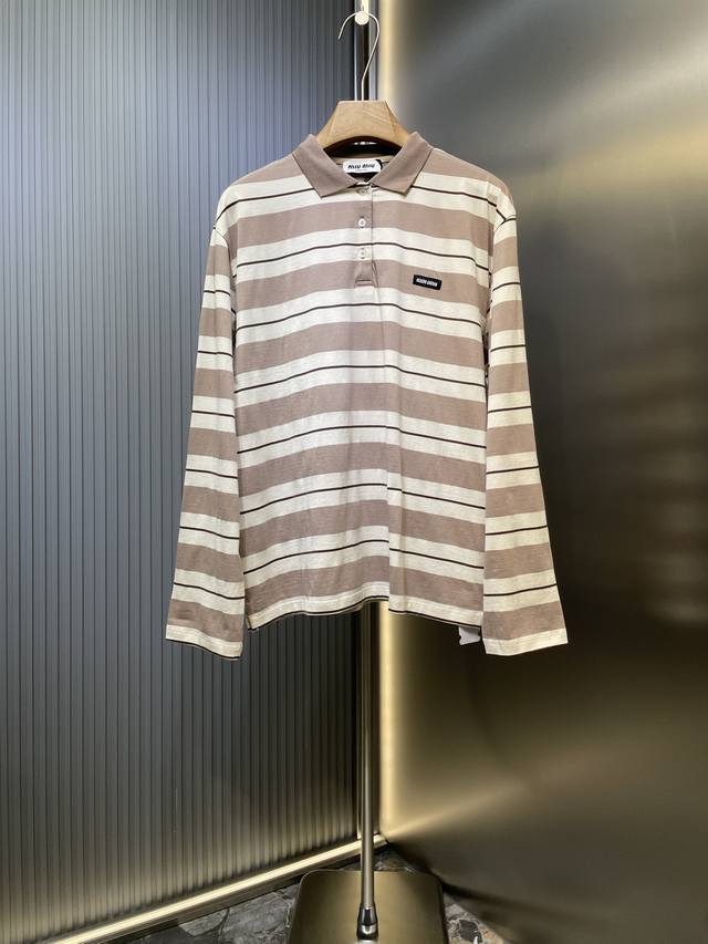 Miu Miu 顶级原单 25Ss条纹棉质平纹针织长袖Polo衫正品9868购入开发 定制60支双股条纹面料扁机罗纹 定位裁床 面料酵洗 定制1：1章仔 定制1