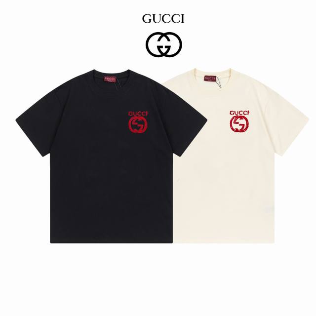 Gucci古驰刺绣双G短袖300克双纱：黑色杏色：Xs-L