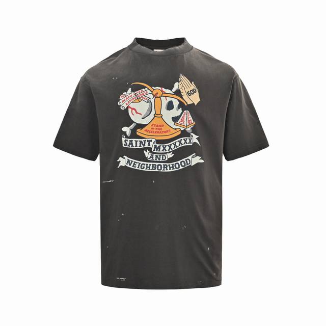 Saint Michael 25Ss 骷髅天平印花短袖整体面料选用 克100%纯棉16织双纱汗布面料 圆筒无侧缝面料 螺纹选用300G100%纯棉1*1弹力无根