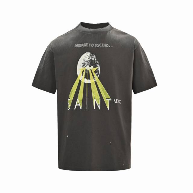 Saint Michael 25Ss 鸡蛋光线印花短袖整体面料选用 克100%纯棉16织双纱汗布面料 圆筒无侧缝面料 螺纹选用300G100%纯棉1*1弹力无根