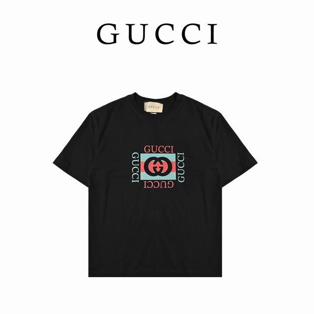 Gucci古驰新款经典互扣圆领短袖T恤 个性数码印花 定制260克双纱百棉面料 男女同款货号529 003尺码: S M L Xl Xxl 黑色 杏色