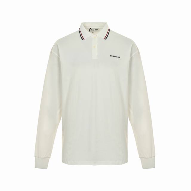 Miumiu 缪缪 刺绣字母红条领Polo长袖正品7089购入开发，定制双股大珠地 克，扁机罗纹，进口刺绣，面料酵洗，定制辅料，宽松版型Size:S-Xl