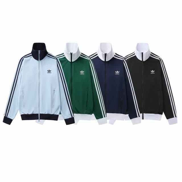 款号：865 Adidas阿迪达斯三叶草秋冬新款复古三条杠休闲运动男女情侣同款立领夹克外套颜色：浅蓝 绿色 藏青色 黑色尺码：M L Xl Xxl 3Xl