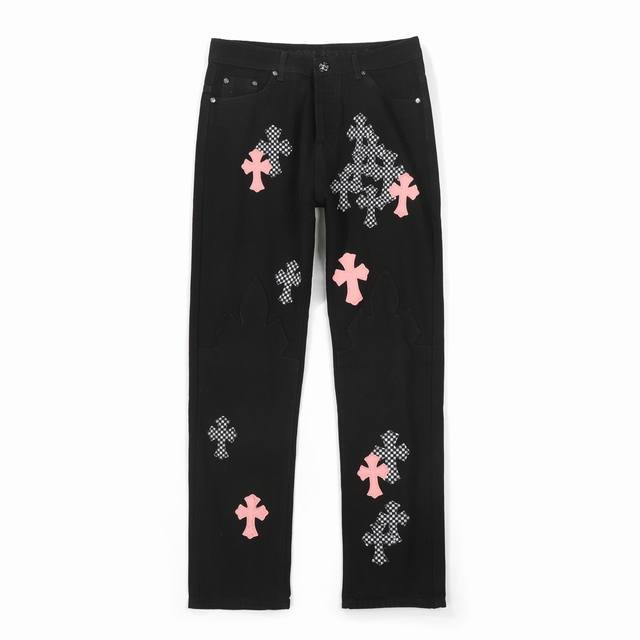 Chrome Hearts Ch克罗心樱花粉棋盘格十字拼皮牛仔裤，原版5W+众所周知Chromehearts牛仔裤会采用Vintagelevis牛仔裤作为底板进