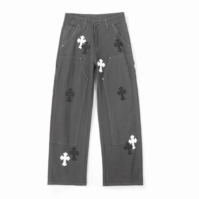 Chrome Hearts 克罗心 十字架贴皮牛仔裤工装 伐木裤克罗心的伐木裤来了！！！ Ch克罗心双膝十字架贴皮Bo1版型伐木裤直筒工 装裤 B136 克罗心
