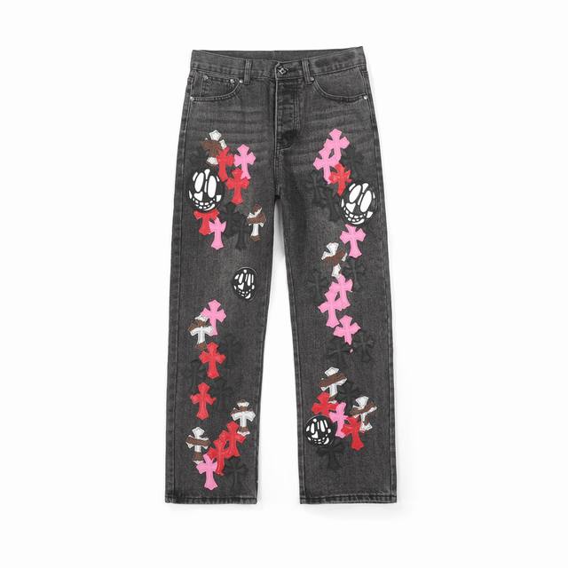 Chrome Hearts Ch克罗心三色拼皮鬼脸元素说唱歌手诺米同款十字架牛仔裤真实还原Vintage极致质感 无原标平替款 意产特种牛皮印花再切割 订制羊皮