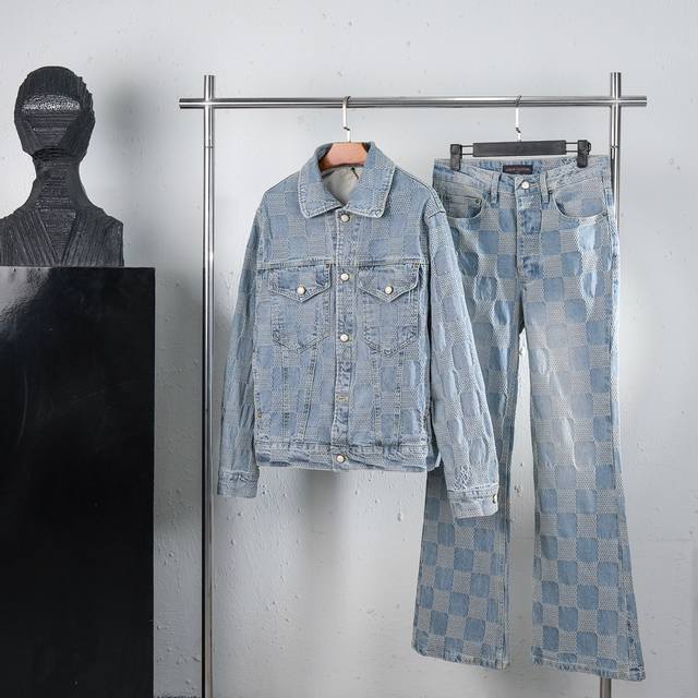 外套Q165 裤子 顶级复刻 Louis Vuitton Lv路易威登 棋盘格翻领牛仔套装顶级高端制造-海外出口品质标识融入3D Damier提花，经典的格子图