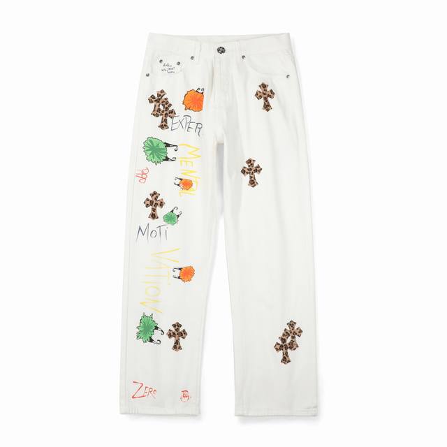 Chrome Hearts｜ Ch克罗心 25Ss 白底拼豹纹中古涂鸦绘画高街牛仔裤克罗心里面颜色最能打的裤子啦啦啦采用珠帆布面料，重工水洗使面料上身更有质感，