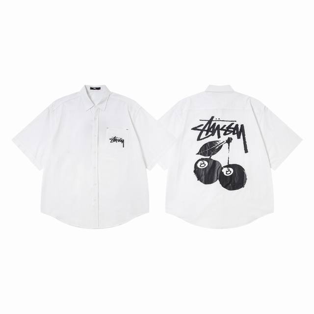 5096# Stussy 斯图西樱桃黑八印花翻领短袖衬衫 25夏季新款男女同款颜色：白色码数：S M L Xl