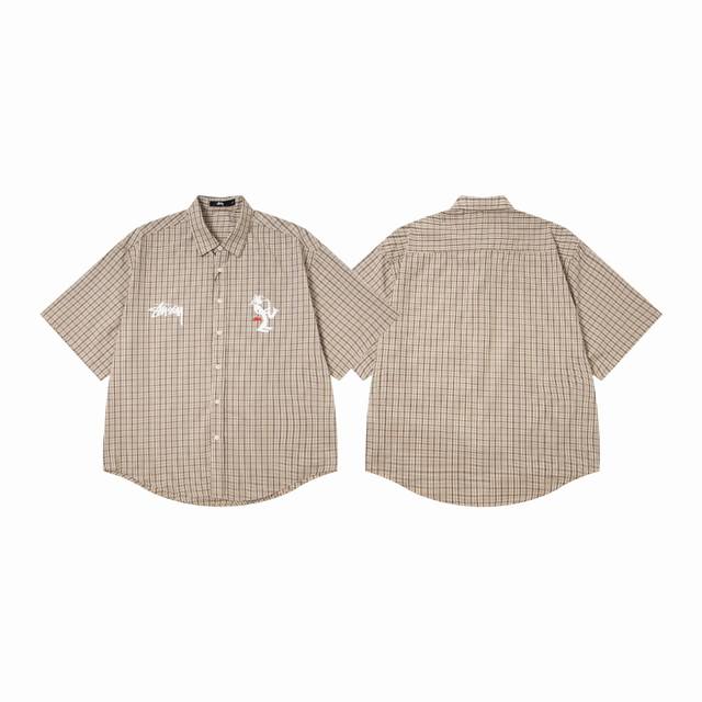 5095# 斯图西 Stussy X Patta联名印花翻领格子宽松短袖衬衫 25夏季新款男女同款颜色：杏色码数：S M L Xl
