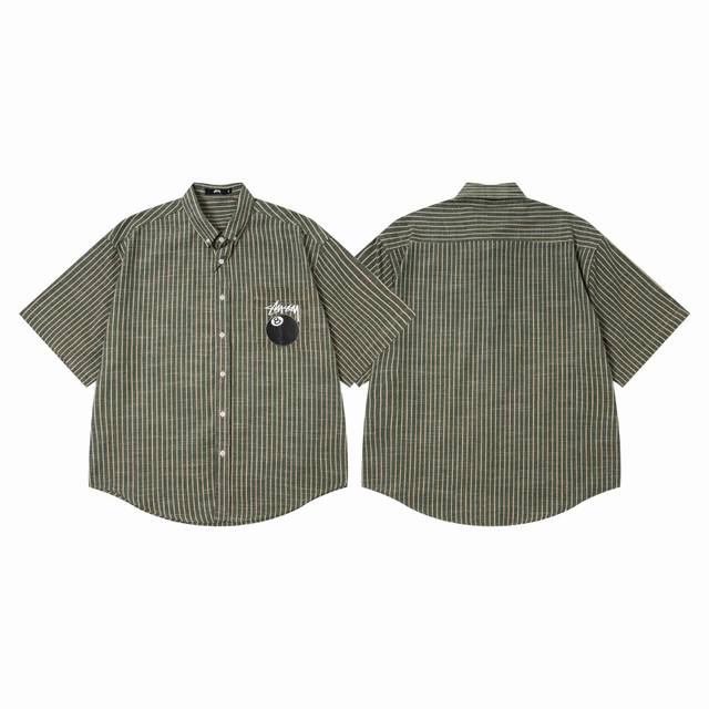 5094# Stussy 斯图西经典黑八印花翻领竖条纹短袖衬衫 25夏季新款男女同款颜色：绿色码数：S M L Xl