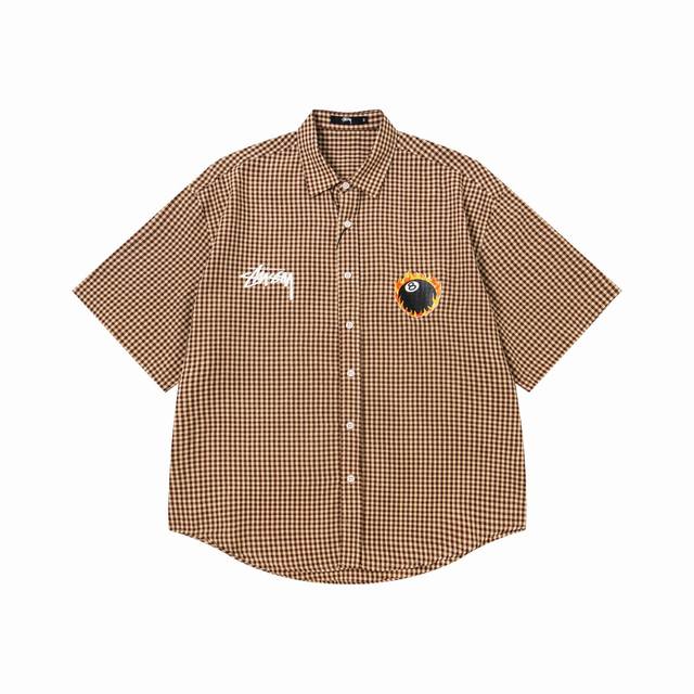 5093# Stussy 斯图西经典火焰黑八印花翻领短袖衬衫 25夏季新款男女同款颜色：黑色 咖色码数：S M L Xl