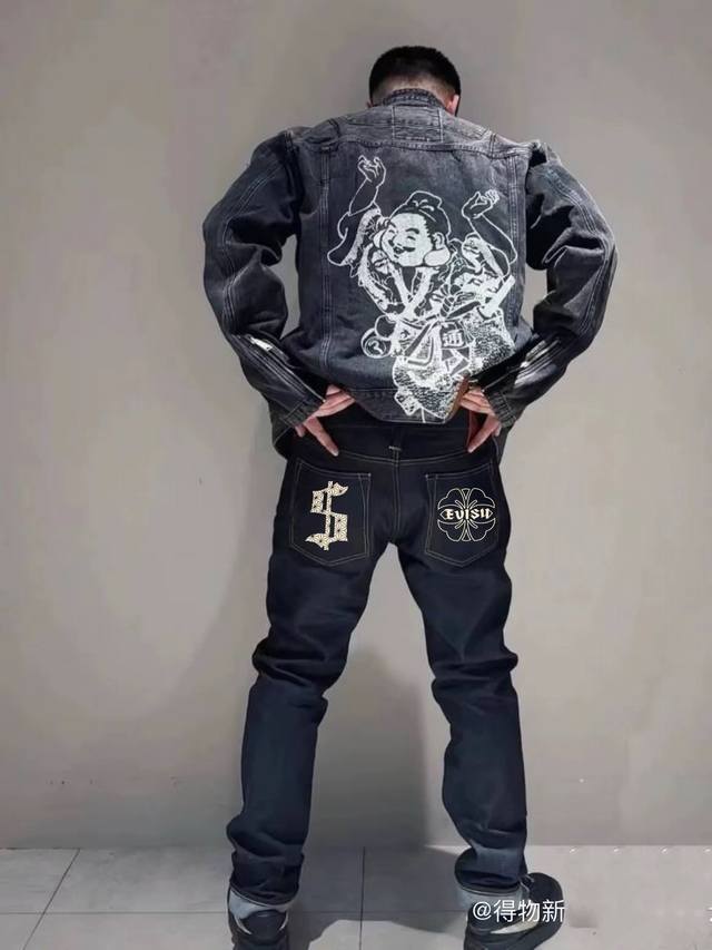Evisu 新款福神男士牛仔裤家花与商标印花百搭休闲长裤码数30.31.32.33.34.36.38