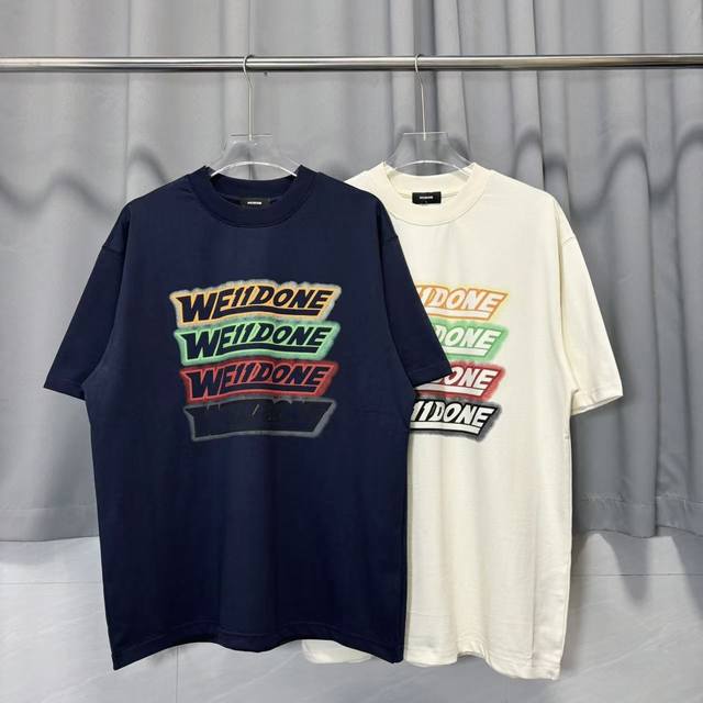 3070# We11Done 弹幕渐变彩色字母印花短袖Welldone韩版休闲宽松T恤颜色：藏青 杏色码数：S M L