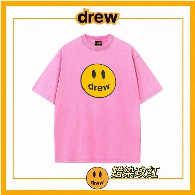 Drew House 蜡染做旧笑脸 高街贾斯汀比伯男女情侣夏季蜡染水洗做旧纯棉宽松短袖T恤面料：240G纯棉蜡染面料工艺：蜡染是用蜡刀蘸熔蜡绘花于布后以蓝靛浸染