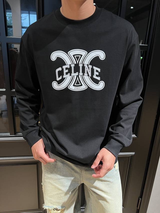 Celine 秋冬新款 长袖T恤简直绝绝子！Logo 印花，彰显品质圆领设计，经典大方宽松休闲，舒适感满分长袖款式，温暖又时尚赶紧穿上，在秋冬美出新高度颜色：黑