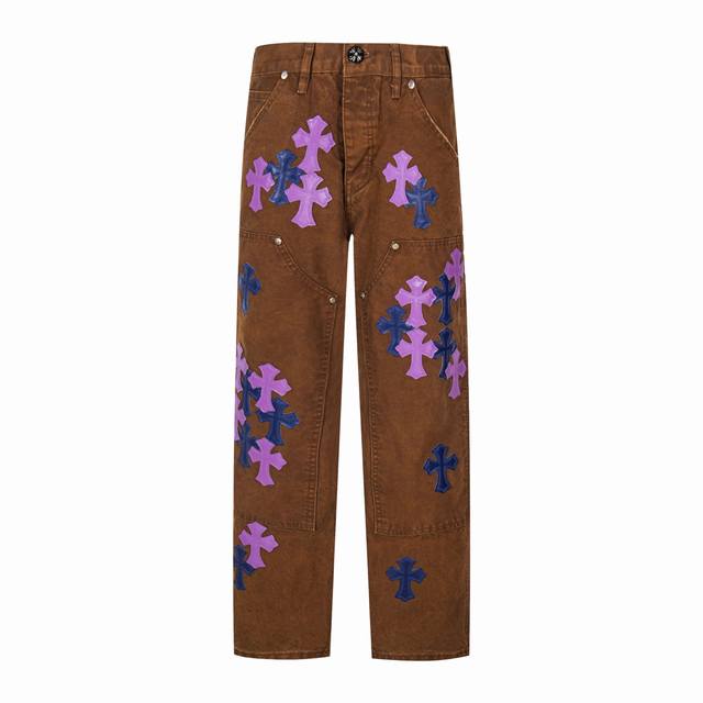 高版本Chrome Hearts克罗心 蓝紫拼皮做旧伐木裤牛仔裤，男女同款。采用斜纹高盎司水洗单宁牛仔面料，独家Ch特有伐木工装裤版型 非李维斯Vintage