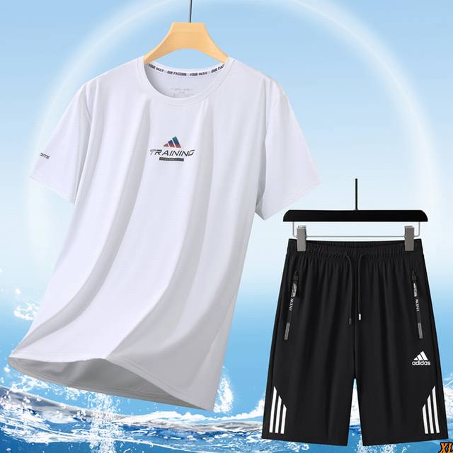 阿迪达斯 独家实拍上新 大码冰丝套装 夏季高品质冰丝运动休闲套装圆领T恤速干短袖短裤两件套加肥加大码L-8Xl，本季主打，货源充足，放心主推，高端品质，经典设计