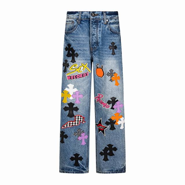 高版本Chrome Hearts 克罗心 Sexrecords满皮标十字做旧牛仔裤，男女同款。真实还原Vintage极致质感 意产特种牛皮印花再切割 订制羊皮三