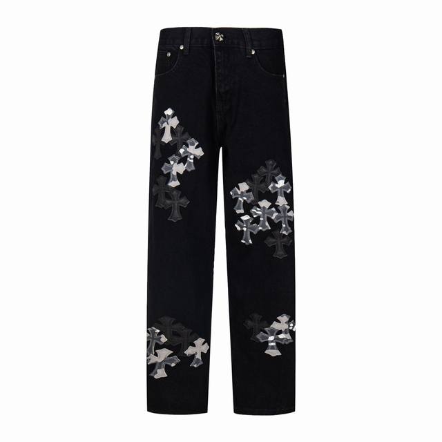 高版本Chrome Hearts 克罗心 重叠多皮十字水洗做旧牛仔裤，男女同款。真实还原Vintage极致质感 意产特种牛皮印花再切割 订制羊皮三层粗线帖皮 裤