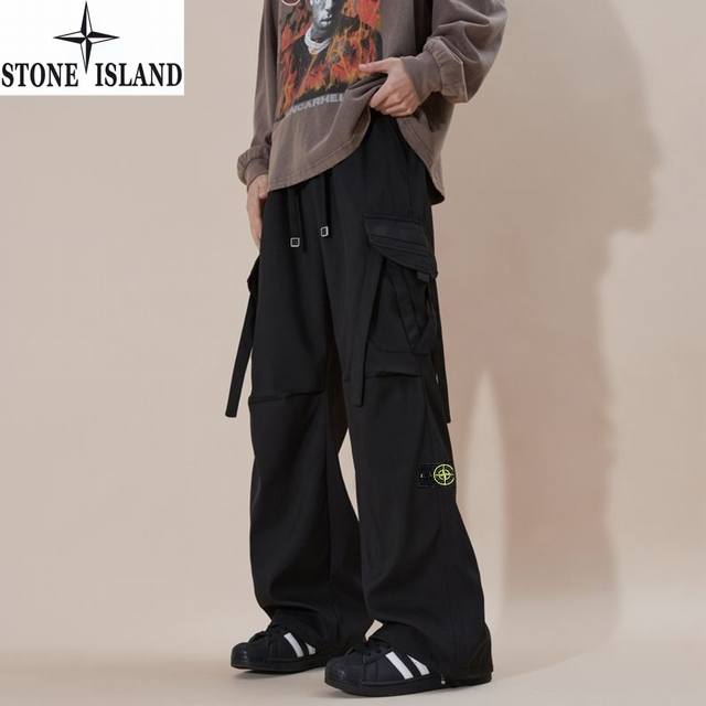 石头岛Stond Island秋季新款，男女同款松紧腰抽绳百搭大口袋休闲工装裤。男士休闲裤，直筒裤长裤！颜色:黑色，军绿色，灰白色尺码:M-4Xl
