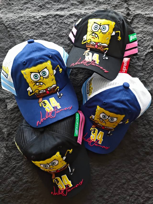 Supreme X Spongebob Squarepants海绵宝宝联名款卡通嘻哈鸭舌帽 男女同款情侣款棒球帽顶流联名 收藏级潮物 奇妙化学反应瞬间拉满前方刺