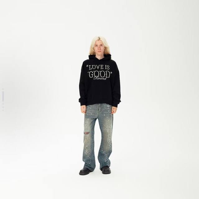 Gd23 Goodbrand Love Is Good珍珠标语连帽套头卫衣 男女同款 颜色：黑色 藏蓝色码数：S M L Xl
