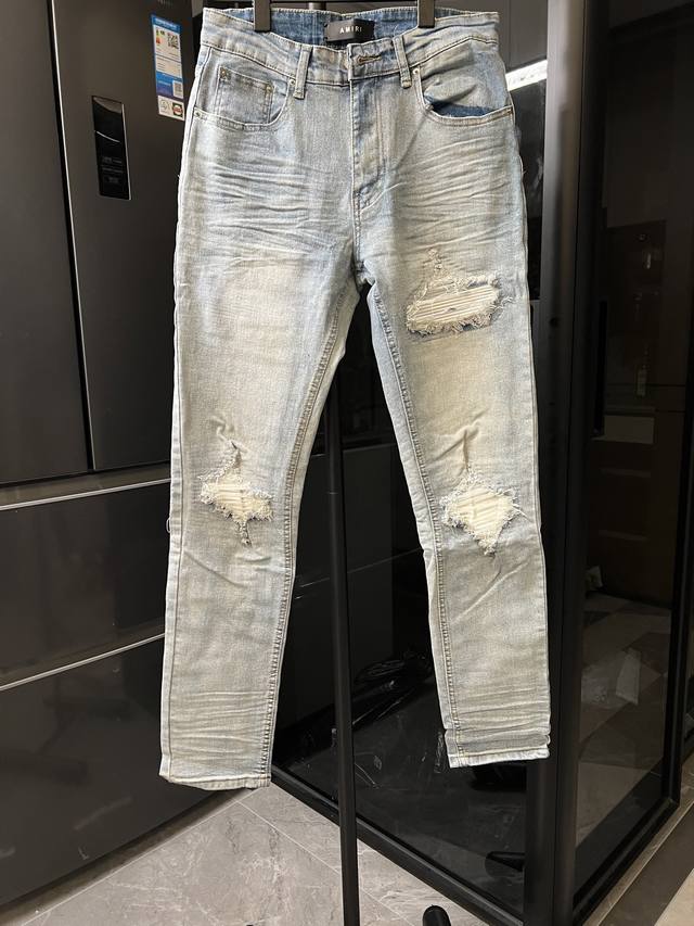 隔天 Amiri Mx1 25Ss 膝盖刀割破洞拼白皮水洗牛仔裤 蓝色 Size：28 30 32 34 S-Xl对应 详细尺码可查图9