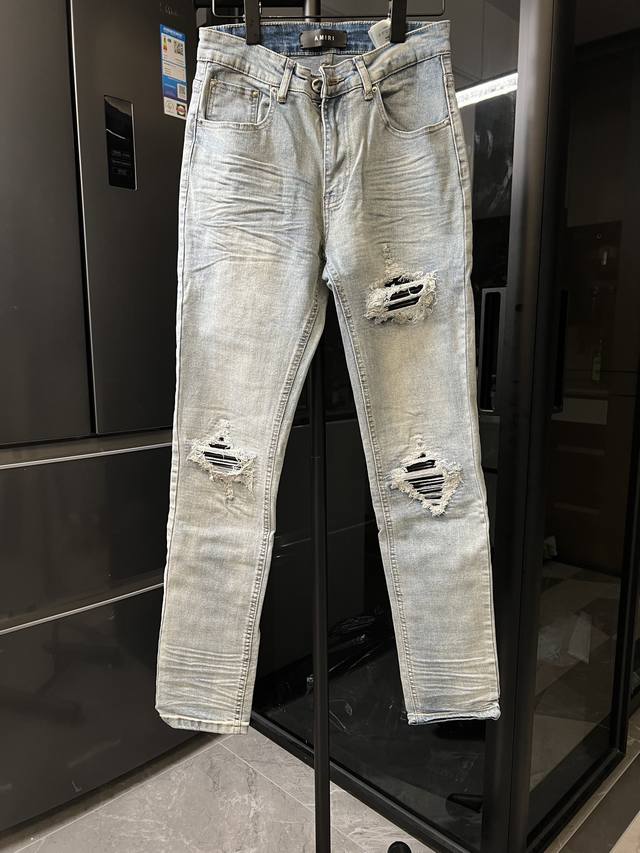 隔天 Amiri Mx1 25Ss 膝盖刀割破洞拼黑皮水洗牛仔裤 蓝色 Size：28 30 32 34 S-Xl对应 详细尺码可查图9