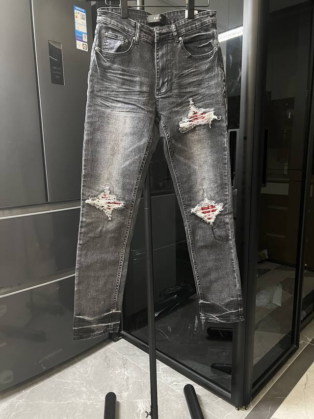 隔天 Amiri Mx1 25Ss 膝盖刀割破洞红格水洗牛仔裤 黑色 Size：28 30 32 34 S-Xl对应 详细尺码可查图9