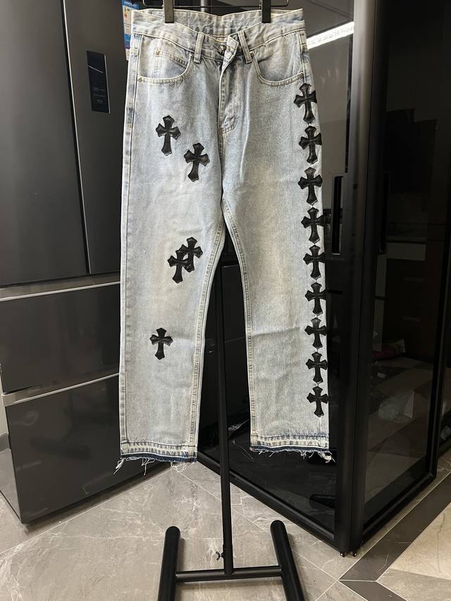 Chrome Hearts 克罗心 25Ss Ch浅蓝拼皮十字架牛仔裤 蓝色 Size：28 30 32 34 S-Xl对应 详细尺码可查图9