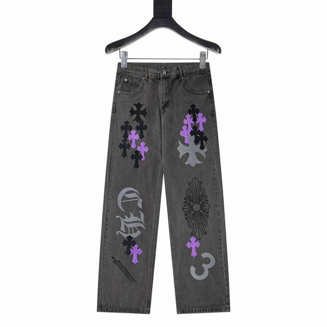 款号Y844Chrome Hearts & 克罗心2025新款重工黑紫十字架贴皮情侣款水洗牛仔裤 不同水洗质感的款式，对腿细腿粗人士十分友好，直筒的版型十分修饰