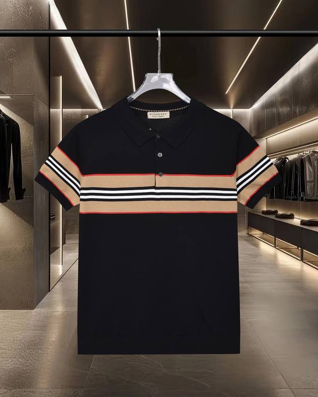 隔天出货 Burberry 巴宝莉 Bbr经典款撞色条纹针织休闲短袖Polo衫 2025Ss官网新款原版面料 官方同款 Polo衫定制 网纱毛衣针织面料 高端版