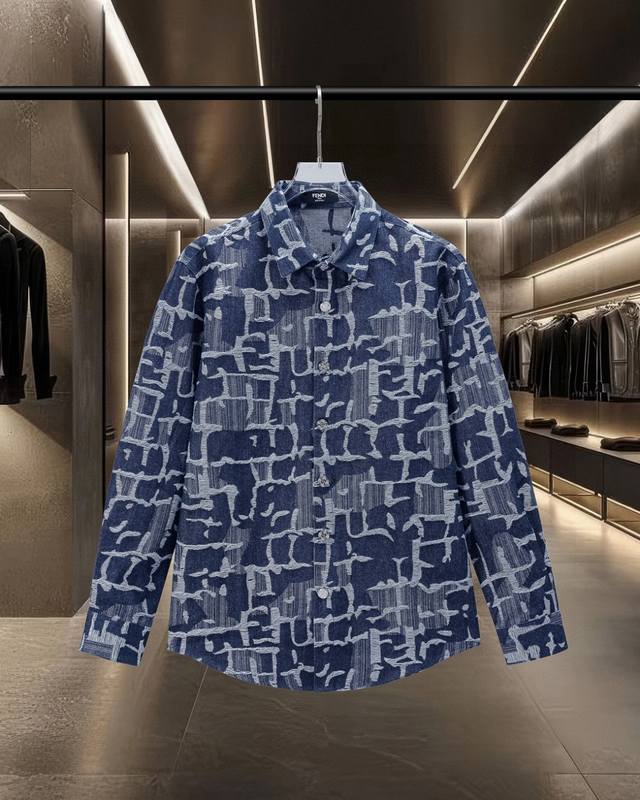Fendi 芬迪 爆款来袭 满印流苏双F字母提花牛仔衬衫 2025Ss官网新款长袖 衬衫 衬衣，精美提花Logo 高端版本，专柜定制面料 透气舒适度高，精工制作