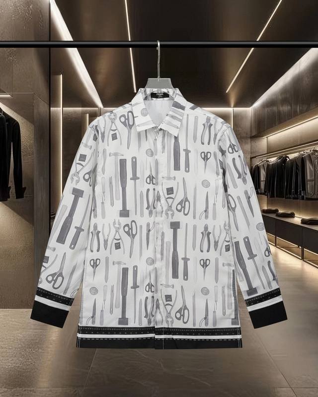 Fendi 芬迪 爆款来袭 走秀款工匠工具图案长袖衬衫 2025Ss官网新款长袖 衬衫 衬衣，精美数码印花 高端版本，专柜定制面料 透气舒适度高，精工制作，细节