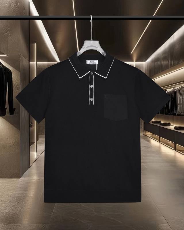 隔天出货 Hermes 爱马仕 拼色H绣花Logo口袋针织休闲短袖Polo衫 2025Ss官网新款原版面料 官方同款 Polo衫定制 网纱毛衣针织面料 高端版本