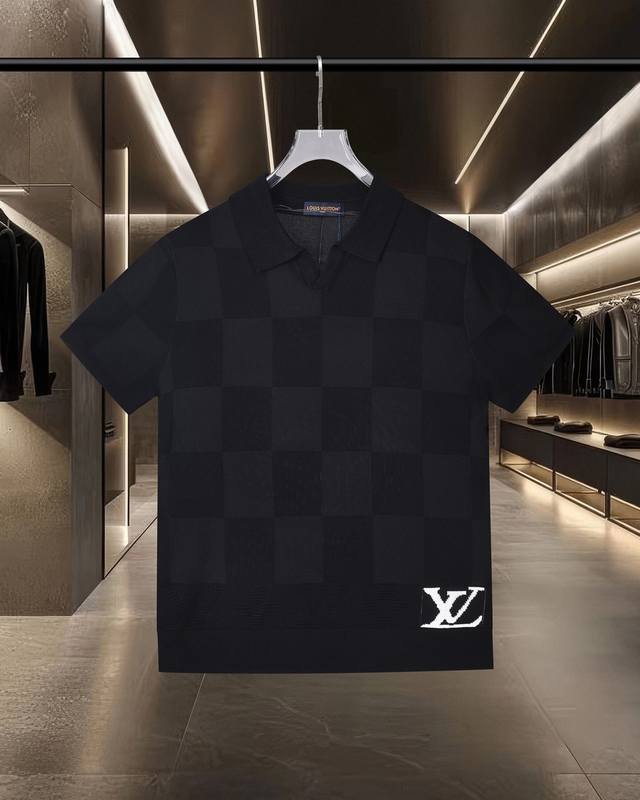 隔天出货 路易威登 Lv 棋盘格老花Logo提花针织休闲短袖Polo衫 2025Ss官网新款原版面料 官方同款 Polo衫定制 网纱毛衣针织面料 高端版本，专柜