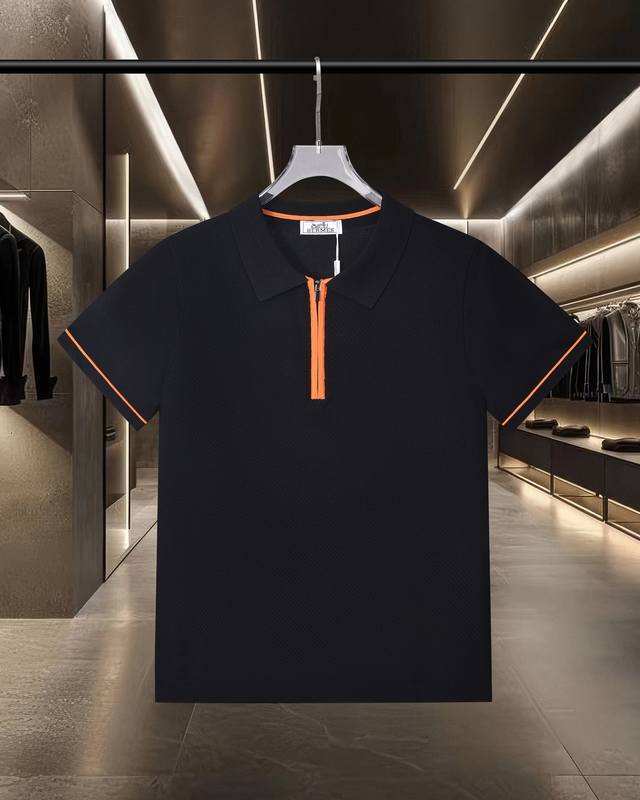 隔天出货 Hermes 爱马仕 拼色拉链领袖针织休闲短袖Polo衫 2025Ss官网新款原版面料 官方同款 Polo衫定制 网纱毛衣针织面料 高端版本，专柜定制
