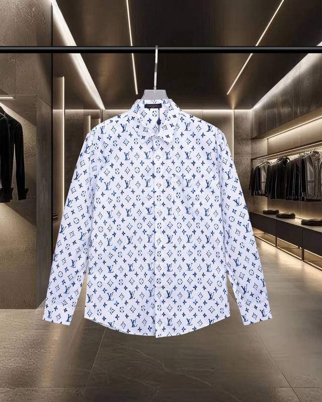 Lv 路易威登爆款来袭 渐变满身老花Logo印花长袖衬衫 2025Ss官网新款长袖 衬衫 衬衣，精美数码印花Logo 高端版本，专柜定制面料 透气舒适度高，精工